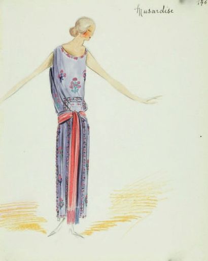 JEAN PATOU, 1923 Musardise ROBE en crêpe de chine parme rebrodée de perles de verre...