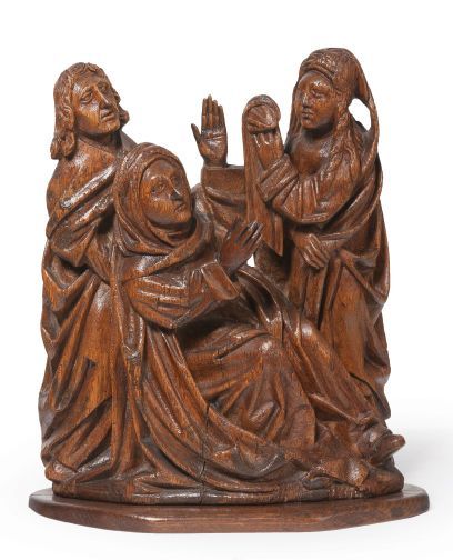 null LA PAMOISON DE LA VIERGE en chêne sculpté, groupe de retable. La Vierge assise...