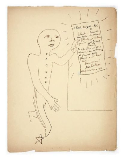 COCTEAU (Jean) Dessin original signé pour Louis Moysès. Villefranche sur mer, 1926....