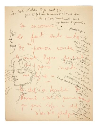 COCTEAU (Jean) Manuscrit autographe avec 2 dessins. Sans lieu ni date. Manuscrit...