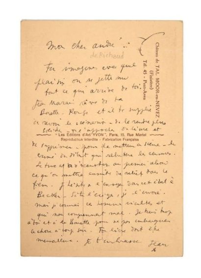 COCTEAU (Jean) Carte postale adressée à André Richaud. Pont-Aven, sans date [vers...