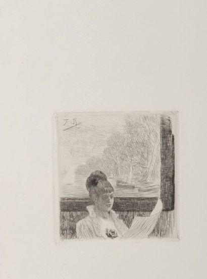 Félicien Rops (1833-1898) La petite liseuse Pointe sèche Sur papier Japon H_8 cm...