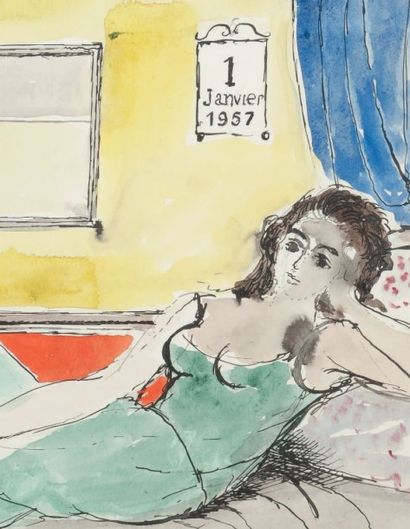 Paul DELVAUX (1897-1994) Femme couchée, 1957 Encre de Chine et aquarelle sur papier...