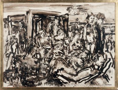 Paul MAAS (1890-1962) Personnages à la plage, 1958 Technique mixte et encre sur plexiglas...