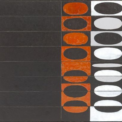 ROGER CAPRON (1920-2006) Rare table basse à motifs elliptiques Grès émaillé et métal...