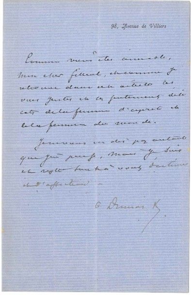 Alexandre DUMAS Fils [AF] 12 L.A.S. ou P.A.S., 1869-1895; 17 pages formats divers,...