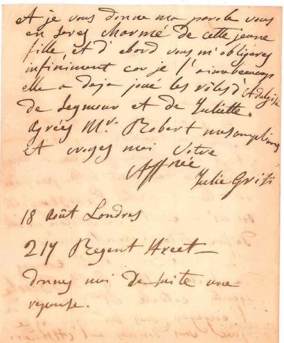 Giulia GRISI (1811-1869) Cantatrice. L.A.S., Londres 18 août [1838 ?], à Édouard...