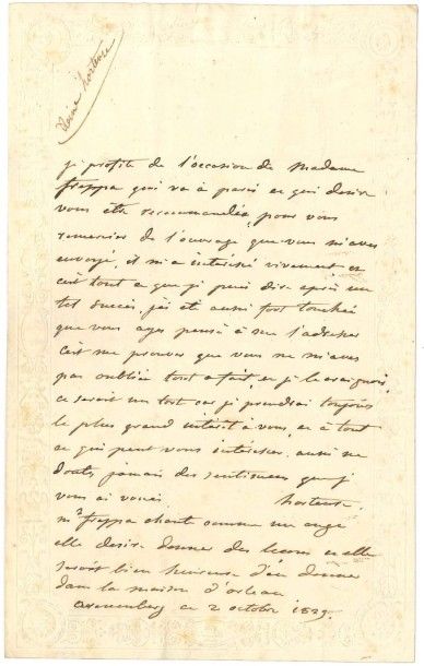 HORTENSE DE BEAUHARNAIS L.A.S., Arenenberg 2 octobre 1829; 1 page in-8, papier à...