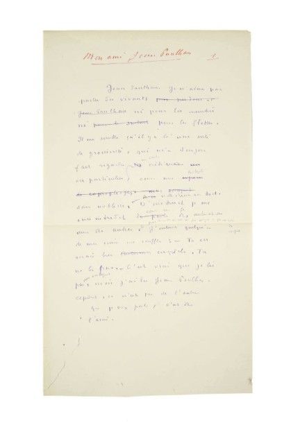Marcel JOUHANDEAU MANUSCRIT autographe, Mon ami Jean Paulhan, [janvier 1951]; 8 pages...