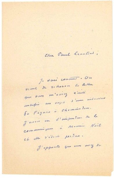 Marcel JOUHANDEAU L.A.S., 17 juillet 1955, à Paul LÉAUTAUD; 3 pages in-8, enveloppe...