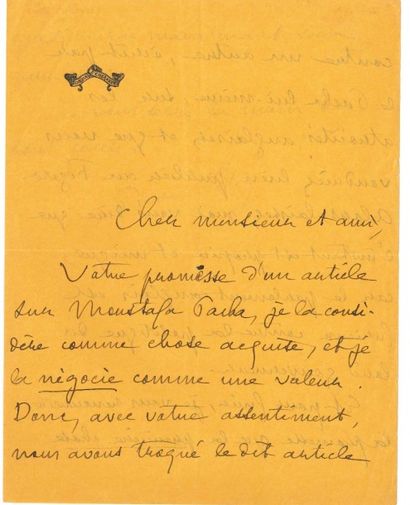 Pierre LOTI. [AF] 3 L.A.S., s.d., à Gaston CALMETTE; 4 pages in-12 (deuil) et 5 pages...