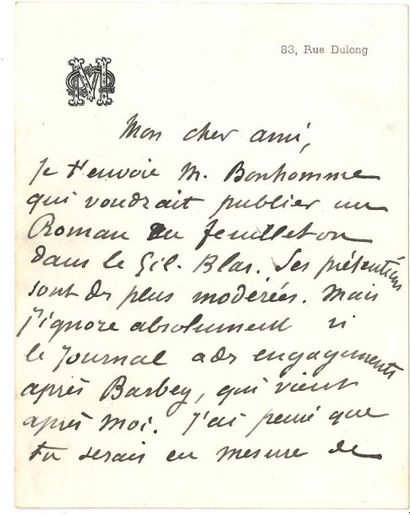 Guy de maupassant (1850-1893) L.A.S., [avril-mai 1885], à un ami rédacteur au Gil...