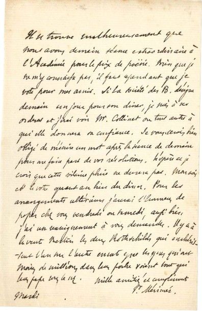 Prosper mérimée (1803-1870) [AF] 2 L.A.S., [1853-1854]; 1 page et demie petit in-8,...
