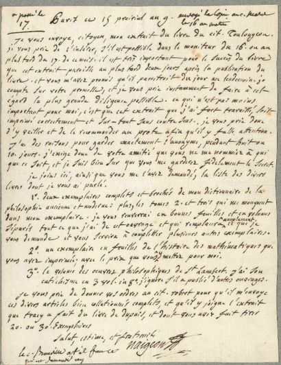 Jacques-André NAIGEON (1738-1810) Écrivain et philosophe. [AF] L.A.S., Paris 15 prairial...