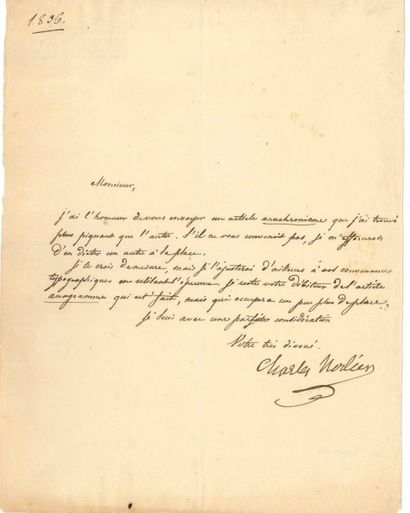 Charles NODIER (1780-1844) [AF] 4 L.A.S., et un fragment de MANUSCRIT autographe;...