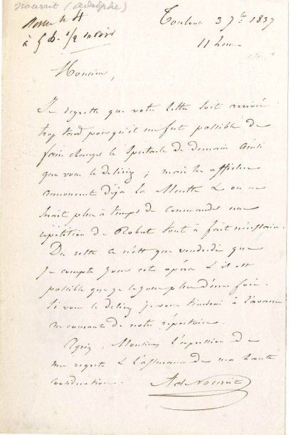Adolphe NOURRIT (1802-1839) Le grand ténor. L.A.S., Toulouse 3 septembre 1837, à...