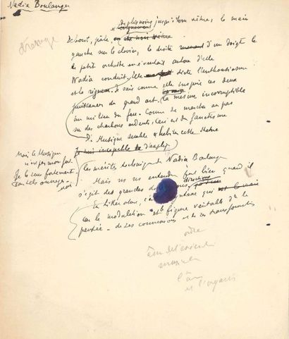 Paul Valéry MANUSCRIT autographe, Nadia Boulanger; 1 page in-4 (petite tache d'encre)....