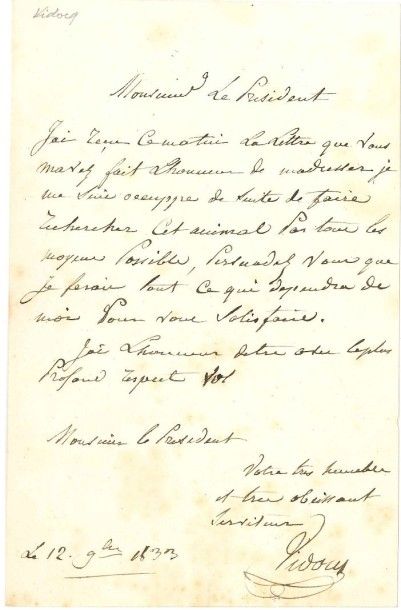 François VIDOCQ (1775-1857) Aventurier et policier. 2 L.A.S., 1833 et s.d.; 1 page...