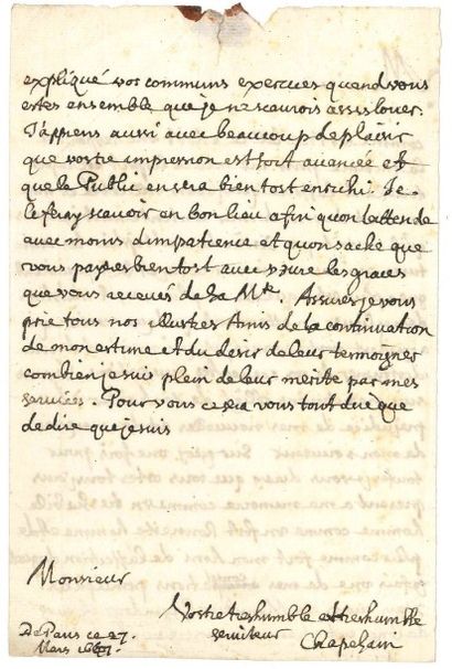 Jean CHAPELAIN [AF] L.A.S., Paris 27 mars 1667, [à Pierre-Daniel HUET ?]; 2 pages...