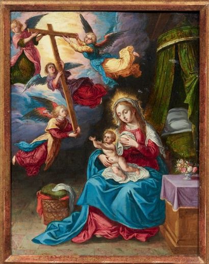 ATTRIBUÉ À PIETER LISAERT (1574 - 1604) Vierge à l'Enfant entourée d'anges Cuivre....