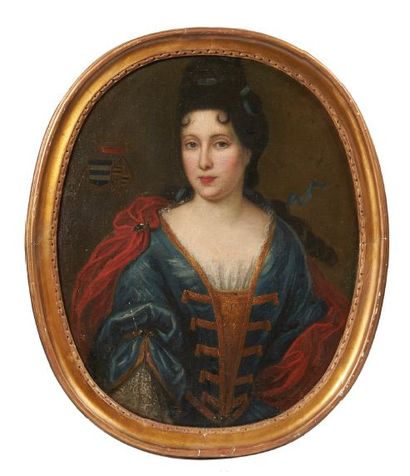 ECOLE FRANCAISE VERS 1730 Portrait de jeune femme de qualité Toile ovale (accidents)....