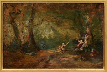 PAUL HUET (PARIS 1803-1869) Enfants dans le bois Panneau. H_24 cm L_35 cm Signé en...