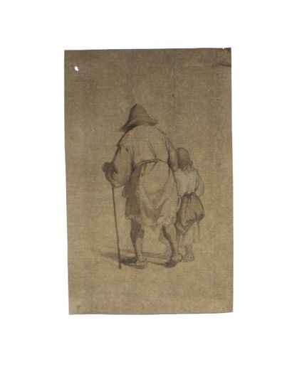 École Flamande du XVIIe siècle Étude de deux pèlerins de dos Lavis d'encre sur papier...