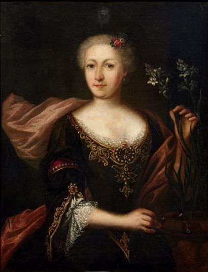 Ecole Flamande du XVIIIe siècle Portrait de femme tenant des fleurs Toile (restaurations)....
