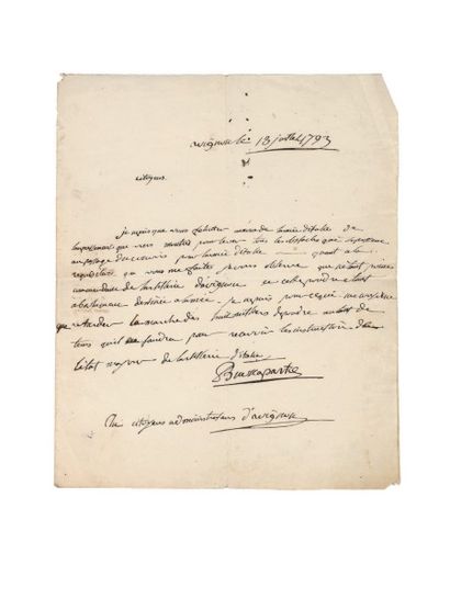 BONAPARTE (Napoléon) Lettre adressée «Aux citoyens administrateurs d'Avignon». Avignon,...