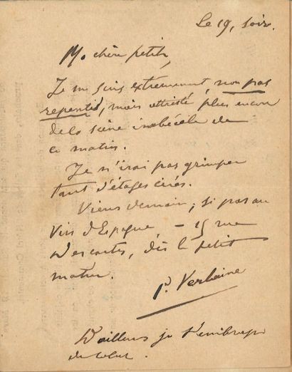 VERLAINE (Paul) Lettre adressée à [Eugénie Krantz].
Lettre autographe signée «P....