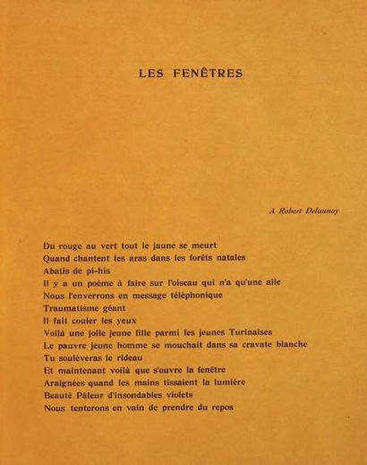 APOLLINAIRE, Guillaume 
Les Fenêtres. [in: R. Delaunay]. Paris, André Marty, [novembre...