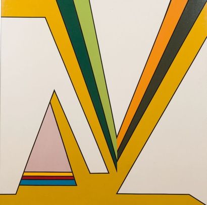 GUY VANDENBRANDEN (1926-2014) 
Composition au triangle, vers 1980
Acrylique sur panneau.
Etiquette...