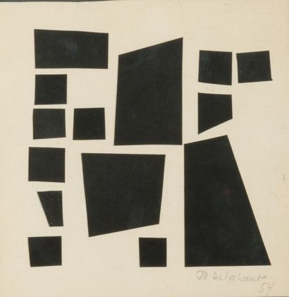 Jo Delahaut (1911-1992) 
Formes noires sur fond blanc, 1954
Collage sur papier blanc.
Signé...