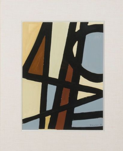 Jo Delahaut (1911-1992) 
Lignes noires, brun et gris, 1946
Gouache sur papier.
Signée...