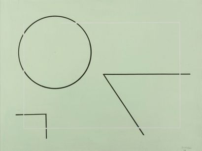 Jo Delahaut (1911-1992) 
Formes géométriques sur fond vert, 1978
Huile sur papier.
Signée...