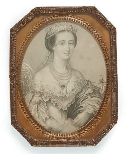 ECOLE ANGLAISE DU XIXe SIÈCLE Portrait de la Reine Victoria en buste vers la droite.
Miniature...