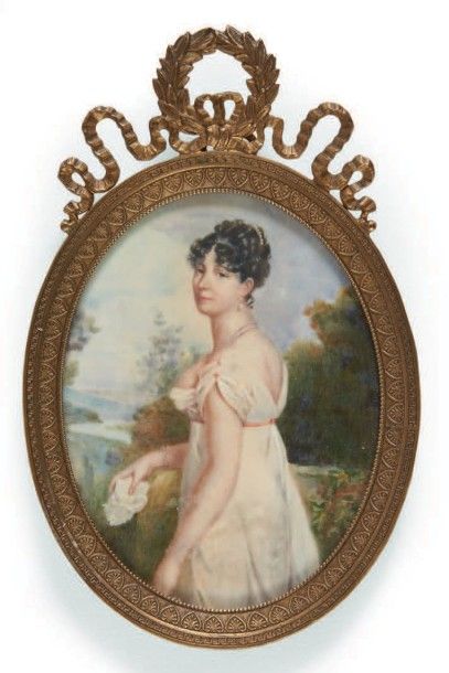 École Française du XIXe siècle Portrait de jeune femme en robe blanche dans un paysage.
Miniature...