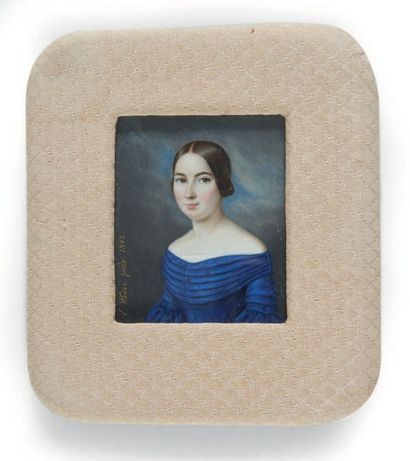 E.WESER, ÉCOLE ALLEMANDE DU XIXE SIÈCLE Portrait de jeune femme en robe bleue en...