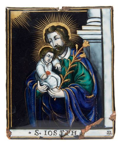 null PETITE PLAQUE en émail peint polychrome avec rehauts d'or représentant saint...