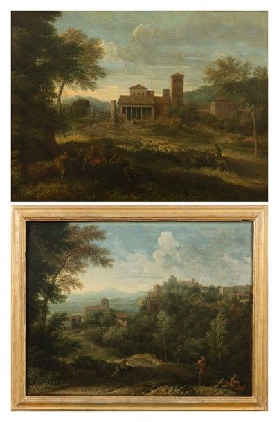 GASPARD DUGHET (ROME 1615-1675) a) Paysage animé de bergers avec la Basilique de...