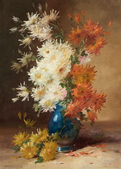 Emile GODCHAUX (1860-1938) 
Vase de chrysanthèmes
Toile.
Signée en bas à droite.
H_92...