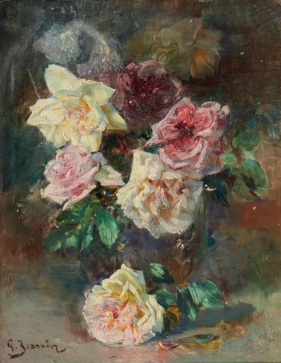 Georges JEANNIN (1841-1925) 
Vases de roses
Panneau.
Signé en bas à gauche.
H_40,5...