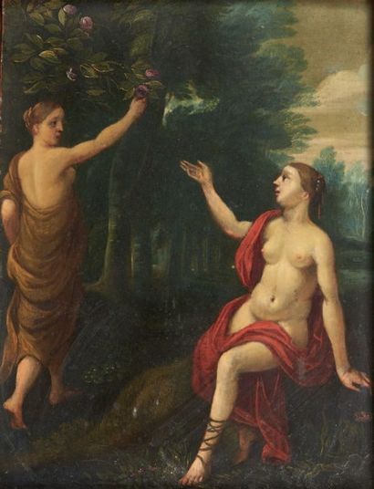 ECOLE FLAMANDE DU XVIIE SIÈCLE, Deux femmes dans un paysage
Cuivre (restaurations).
H_20,5...