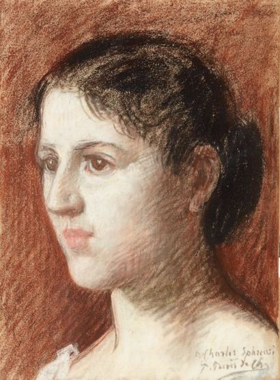 Pierre PUVIS DE CHAVANNES (1824-1898) 
Tête de femme
Pastel, signé en bas à droite...