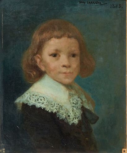 Eugène CARRIÈRE (1849-1906) 
Portrait d'enfant au col Louis XIII, 1883
Huile sur...