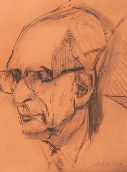 Julio POMAR (né en 1926) 
Portrait de Claude Lévi-Strauss, 1990
Fusain sur papier.
Signé...