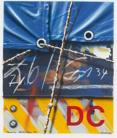 Peter KLASEN (né en 1935) 
Camion bâché bleu DC Acrylique sur papier.
Signée en bas...