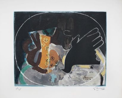 Georges BRAQUE (1882-1963) 
Pichet et oiseau, 1956
Aquatinte en couleurs. Signée...
