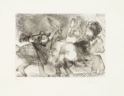 Pablo PICASSO (1881-1873) 
Mamelak enlevant une femme, attaquée par un mousquetaire.
Gravure...