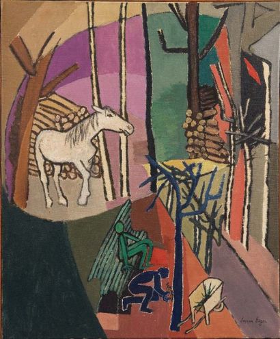 SUZANNE ROGER (1899-1986) Le cheval blanc, ca 1956 Huile sur toile. Signée en bas...